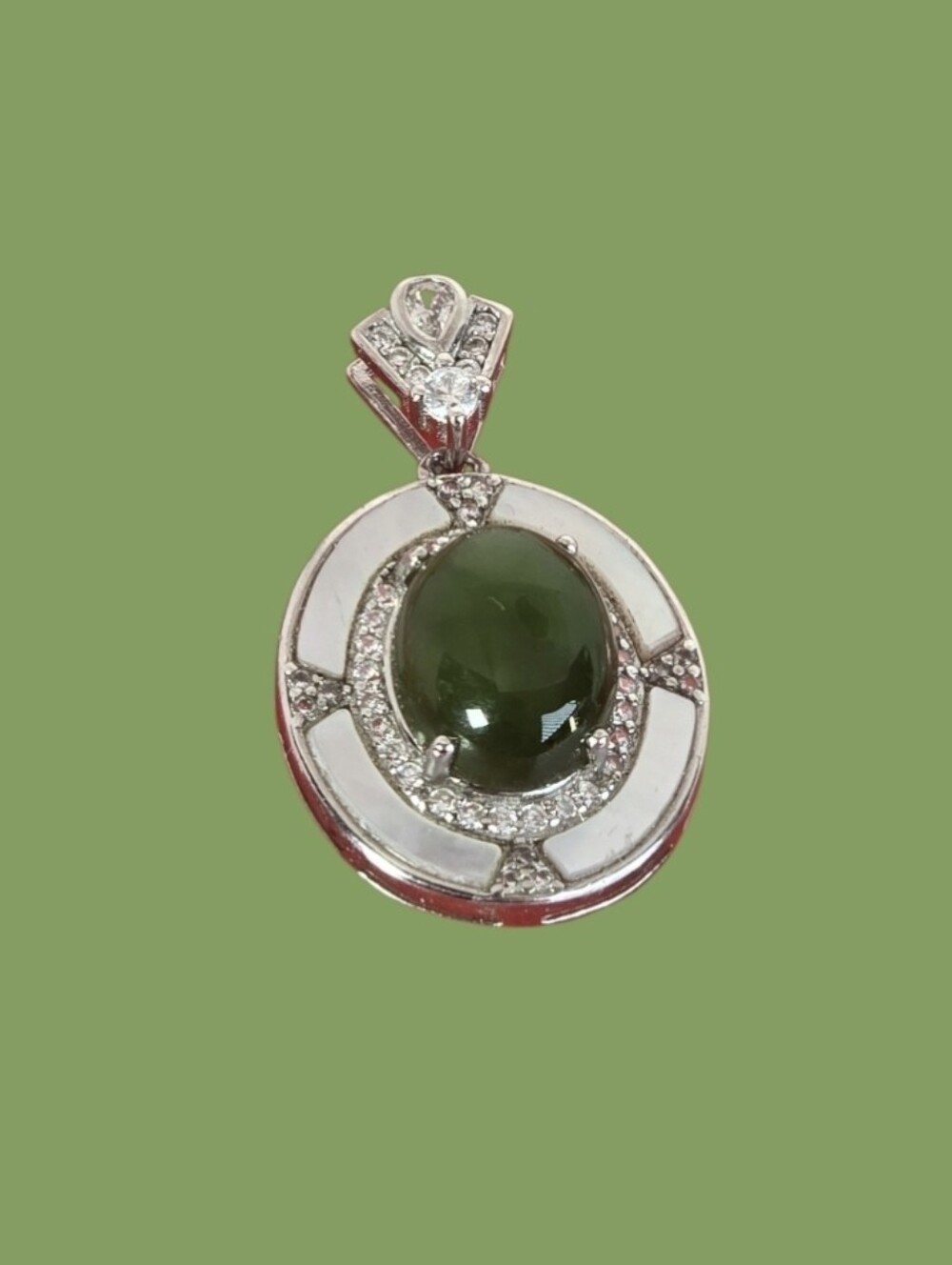 925 Sterling Silver Pendant 1.5x2.3cm with Natural Jade & MOP